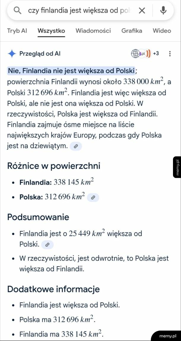 Zrzut ekranu z absurdalną odpowiedzią sztucznej inteligencji na temat powierzchni Polski i Finlandii.