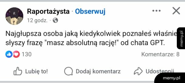 Zrzut ekranu z Facebooka z żartem o sztucznej inteligencji.