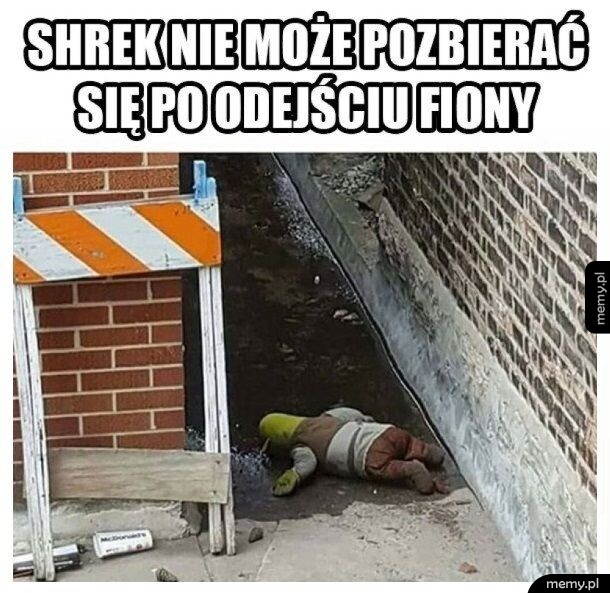 Zabawny mem: maskotka Shreka leży twarzą w błocie w wąskiej alejce między budynkami.