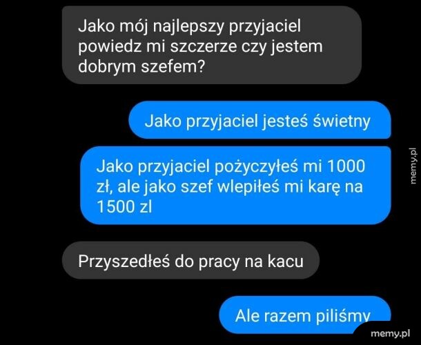 Zrzut ekranu z wiadomościami SMS między szefem a pracownikiem będącym przyjacielem.