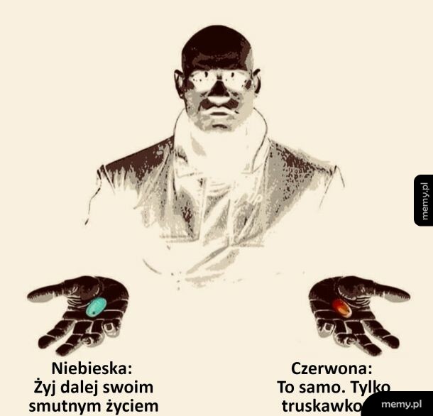 Mężczyzna w negatywie oferuje niebieską lub czerwoną pigułkę