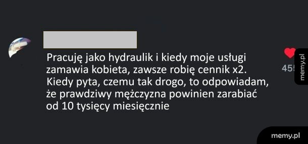 Zrzut ekranu z tekstem o hydrauliku stosującym wyższe ceny dla kobiet