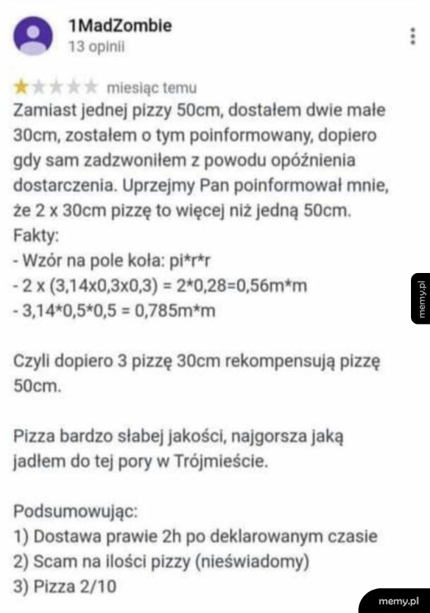 Negatywna opinia w internecie o pizzerii zawierająca obliczenia matematyczne powierzchni pizzy.