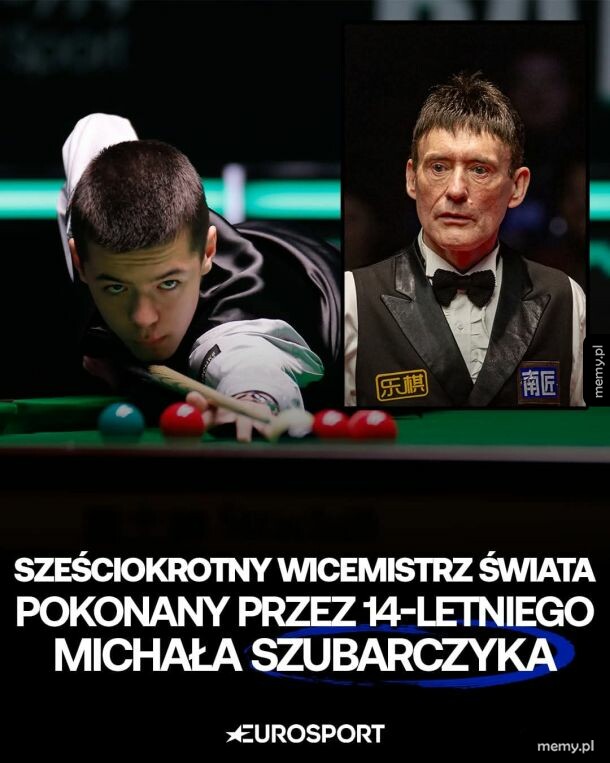 Młody snookerzysta przy stole i przerobiona twarz starszego zawodnika w rogu.