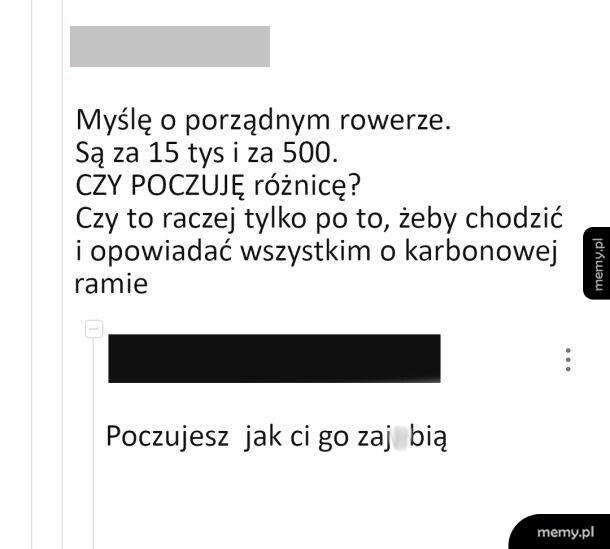 Zrzut ekranu z postu o wyborze roweru za 15 tysięcy lub 500 zł.