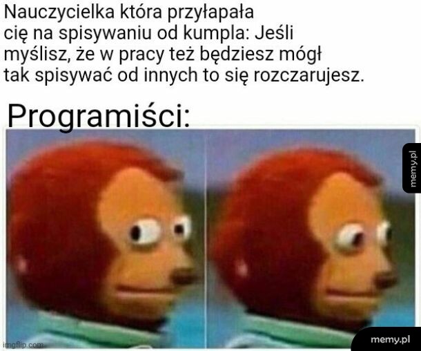 Mem z małpą unikającą kontaktu wzrokowego w reakcji na słowa nauczycielki o ściąganiu w pracy.