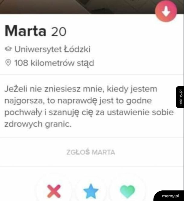 Zrzut ekranu profilu z aplikacji randkowej Tinder przedstawiający opis użytkowniczki Marty.