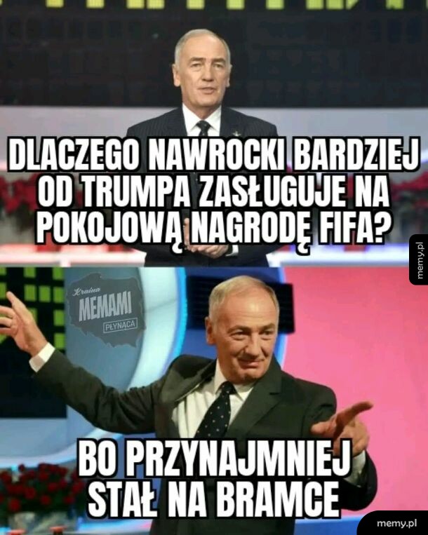 Mem z Przemysławem Babiarzem żartującym z Karola Nawrockiego i Donalda Trumpa.