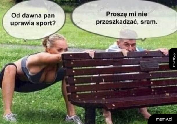 Kobieta robiąca przysiad przy ławce i mężczyzna ukryty za nią.