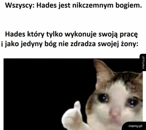 Mem z płaczącym kotem pokazującym kciuk w górę i podpisem o Hadesie.