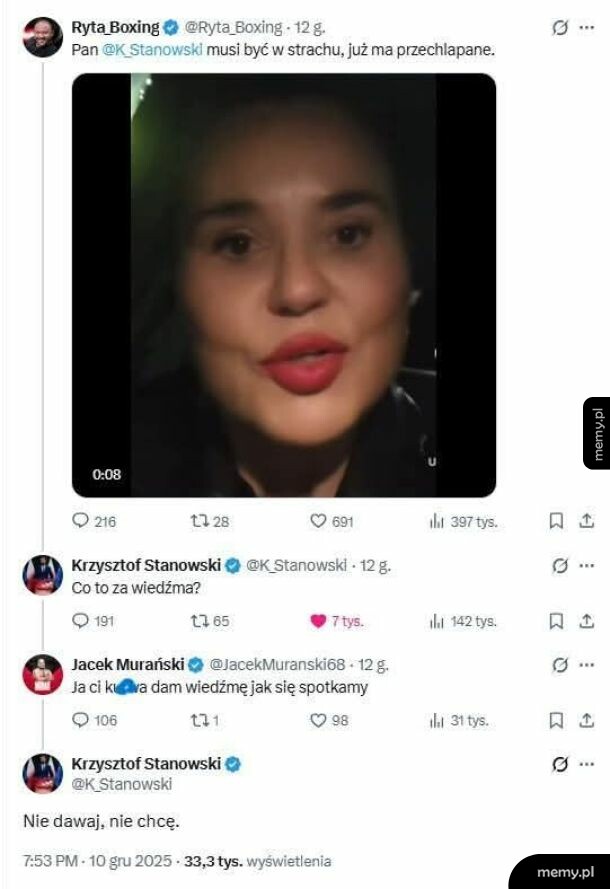Zrzut ekranu z Twittera przedstawiający wymianę zdań między Krzysztofem Stanowskim a Jackiem Murańskim.