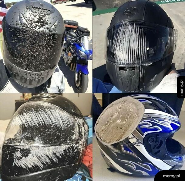 Cztery kaski motocyklowe pokryte dużą ilością rozgniecionych owadów.