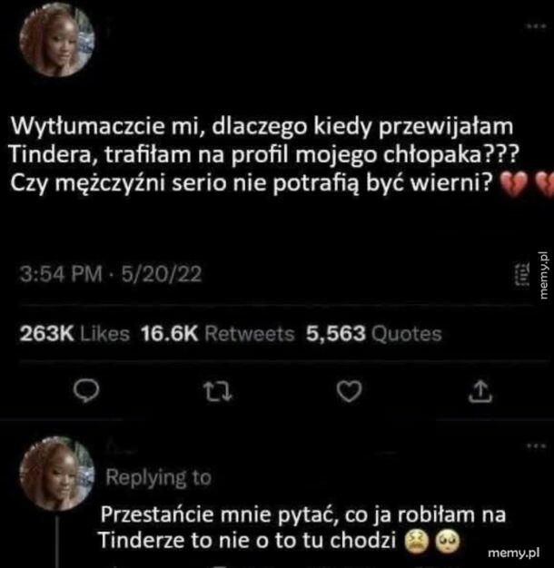 Zrzut ekranu z wpisem z Twittera kobiety żalącej się na chłopaka na Tinderze.