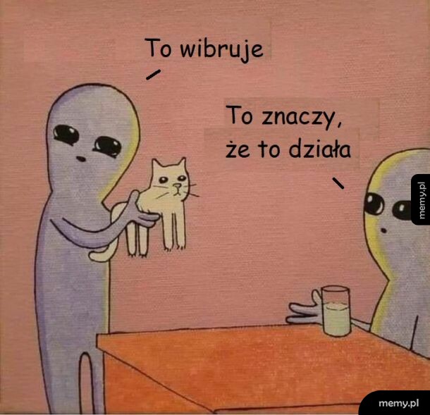Dwie kosmickie postacie trzymają białe zwierzątko przypominające kota.