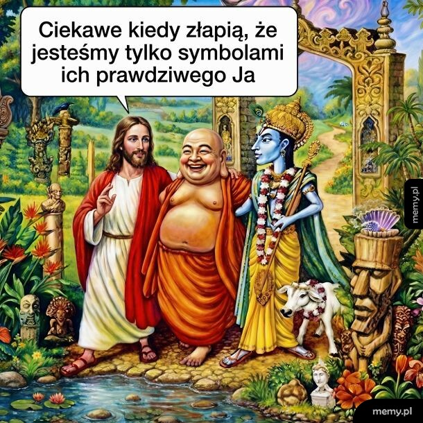 Jezus, Budda i Kriszna spacerują razem w rajskiej scenerii.