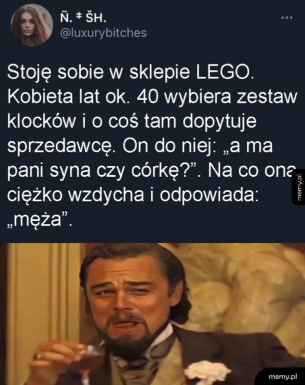 Mem z Twittera o kupowaniu klocków LEGO dla męża z kadrem z filmu Django