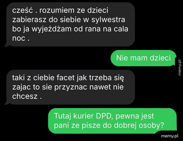 Zrzut ekranu z rozmowy SMS z kurierem DPD na pomyłkowym numerze.