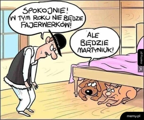 Rysunek satyryczny: pies i kot ukryte pod łóżkiem ze strachu przed sylwestrem.