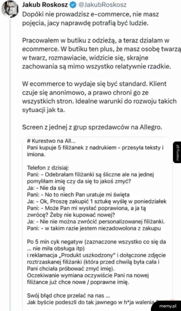 Zrzut ekranu z wpisu na Twitterze o zachowaniu klientów w e-commerce oraz cytat z grupy sprzedawców.
