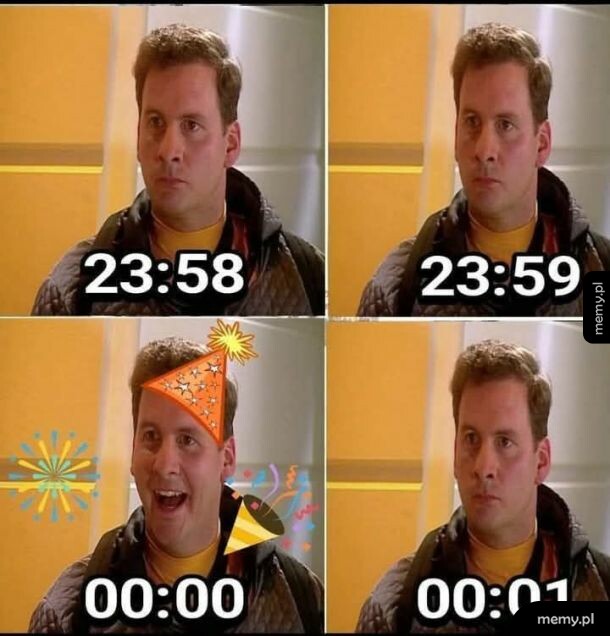 Czteropanelowy mem z mężczyzną odliczającym ostatnie minuty do Nowego Roku