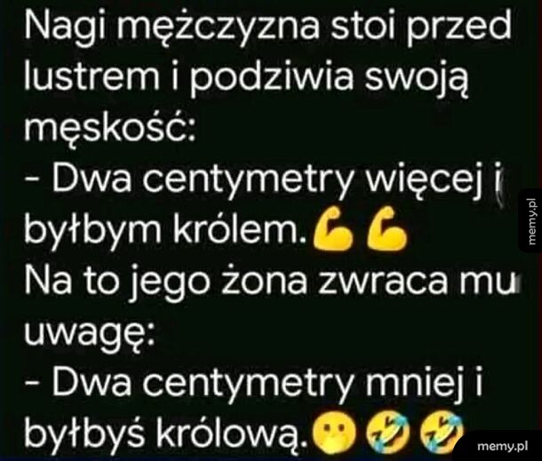 Tekstowy mem o mężczyźnie przed lustrem i żonie z emotikonami.