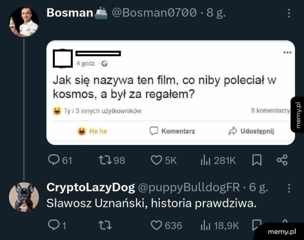 Zrzut ekranu z wpisem z portalu X i postem z Facebooka o filmie w kosmosie za regałem.