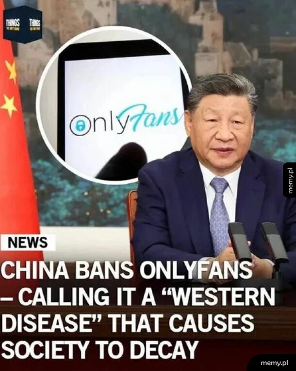 Xi Jinping na tle chińskiej flagi i z logo OnlyFans w tle.