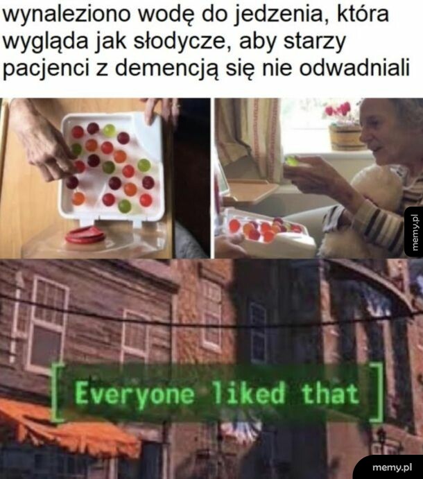 Zdjęcia żelków będących wodą dla pacjentów z demencją oraz napis Everyone liked that.