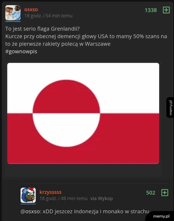 Mem z flagą Grenlandii przypominającą polską i komentarzami z portalu Wykop.pl