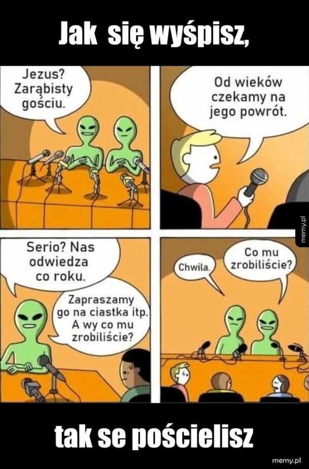 Komiks z kosmitami na konferencji prasowej rozmawiającymi o Jezusie.