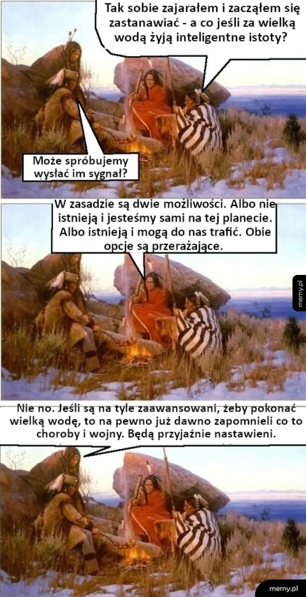 Memy z Indianami przy ognisku rozmawiającymi o cywilizacjach za oceanem.