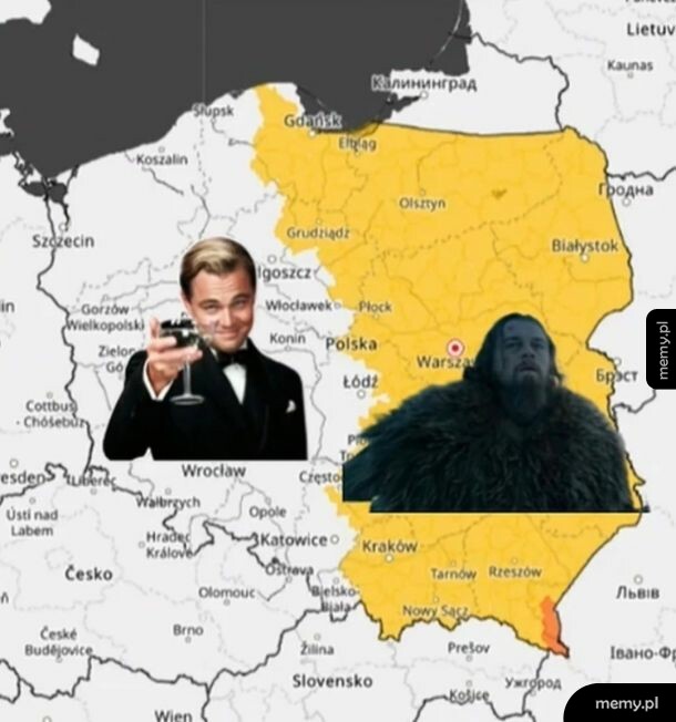 Mapa Polski z zaznaczoną na żółto wschodnią częścią i dwoma postaciami Leonardo DiCaprio