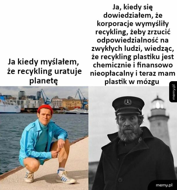 Mem z Willemem Dafoe w dwóch wersjach: radosnym nad wodą i ponurym latarnikiem.