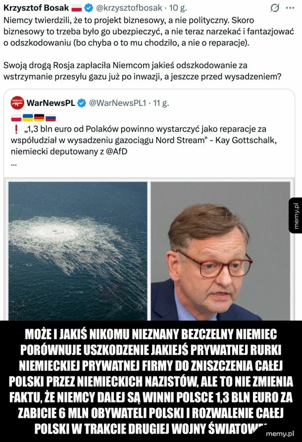 Zrzut ekranu z wpisami na Twitterze dotyczącymi wypowiedzi niemieckiego polityka o Nord Stream.