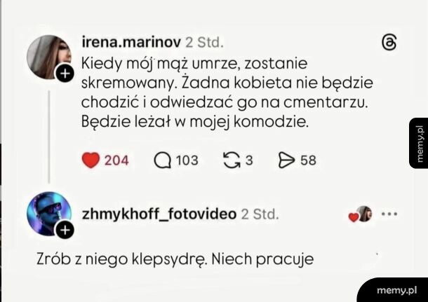 Zrzut ekranu z wpisem w mediach społecznościowych i komentarzem o kremacji męża.