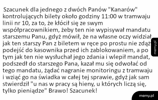 Tekst na białym tle opisujący sytuację z kontrolerem biletów w tramwaju.