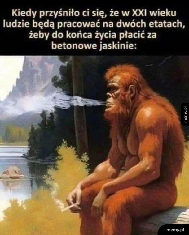 SpiÄ™ty czÅ‚owiek w typie jaskiniowca siedzi nad wodÄ… i pali papierosa.