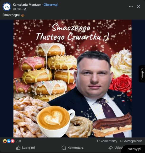 Sławomir Mentzen na tle pączków i słodyczy z napisem Smacznego Tłustego Czwartku