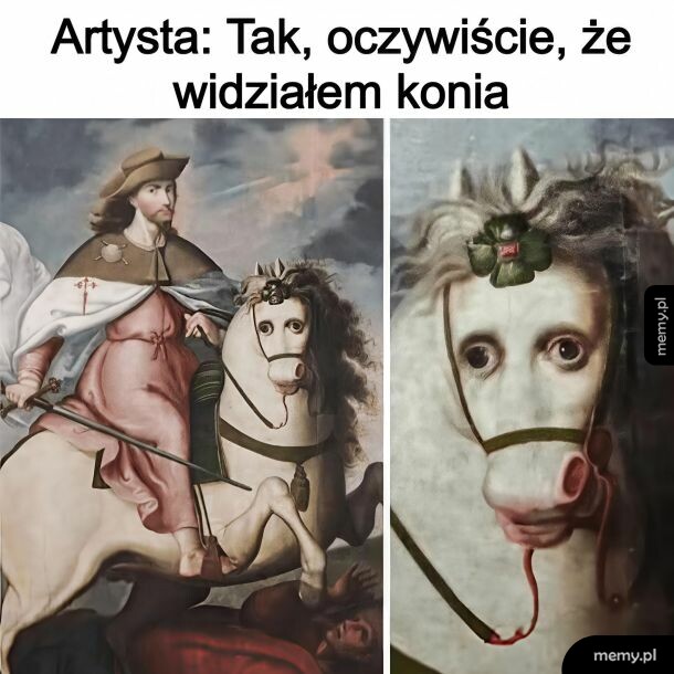 Mem z obrazem przedstawiającym rycerza na koniu o dziwnym, ludzkim wyrazie pyska.