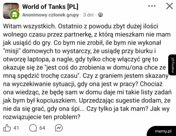 Zrzut ekranu posta z grupy World of Tanks PL o problemach z graniem przez partnerkę.