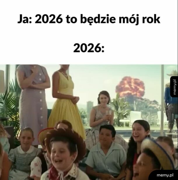 Mem z kadrem z serialu Fallout, w tle eksplozja atomowa.