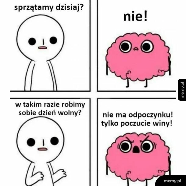 Komiks przedstawiający rozmowę postaci z różowym mózgiem na temat sprzątania.
