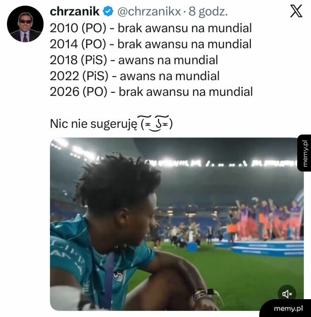 Wpis z X (Twittera) zestawiający awanse Polski na mundial z partiami rządzącymi.