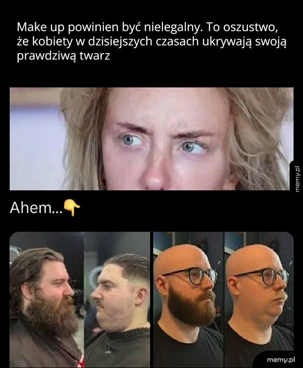 Memy o makijażu kobiet skontrastowane z męskimi fryzurami i brodami jako ich odpowiednikiem.