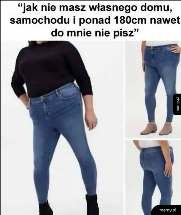 Mem z kobietą o puszystych kształtach prezentującą dżinsy z dopiskiem tekstowym.