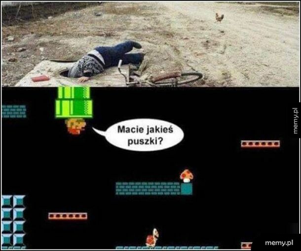 Mężczyzna wpadający głową do studzienki obok roweru, poniżej gra Super Mario.