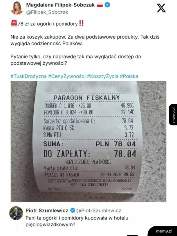 Zrzut ekranu z wpisem politycznym na Twitterze o drogich ogórkach i pomidorach