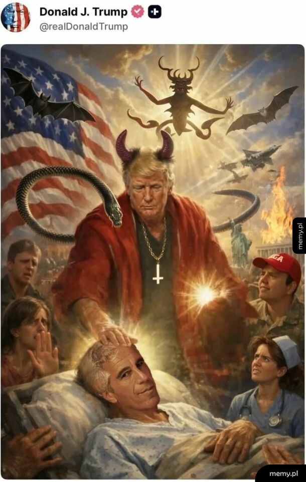 Donald Trump z rogami błogosławi leżącego w łóżku Jeffreya Epsteina w groteskowej scenie.