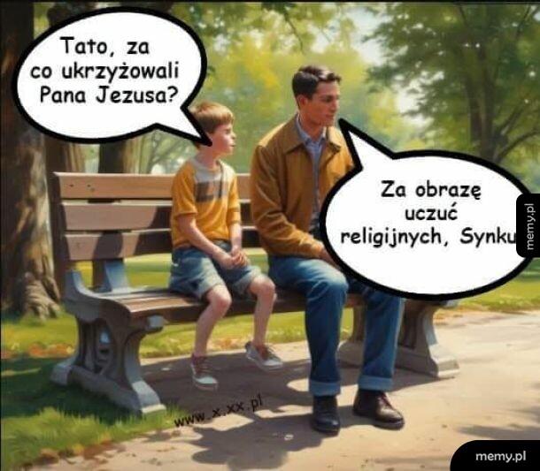Ojciec i syn siedzą na ławce w parku i rozmawiają.
