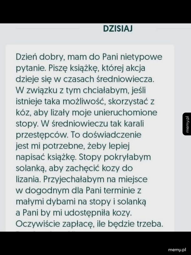 Zrzut ekranu z nietypową wiadomością tekstową z prośbą o kozy do lizanica stóp.